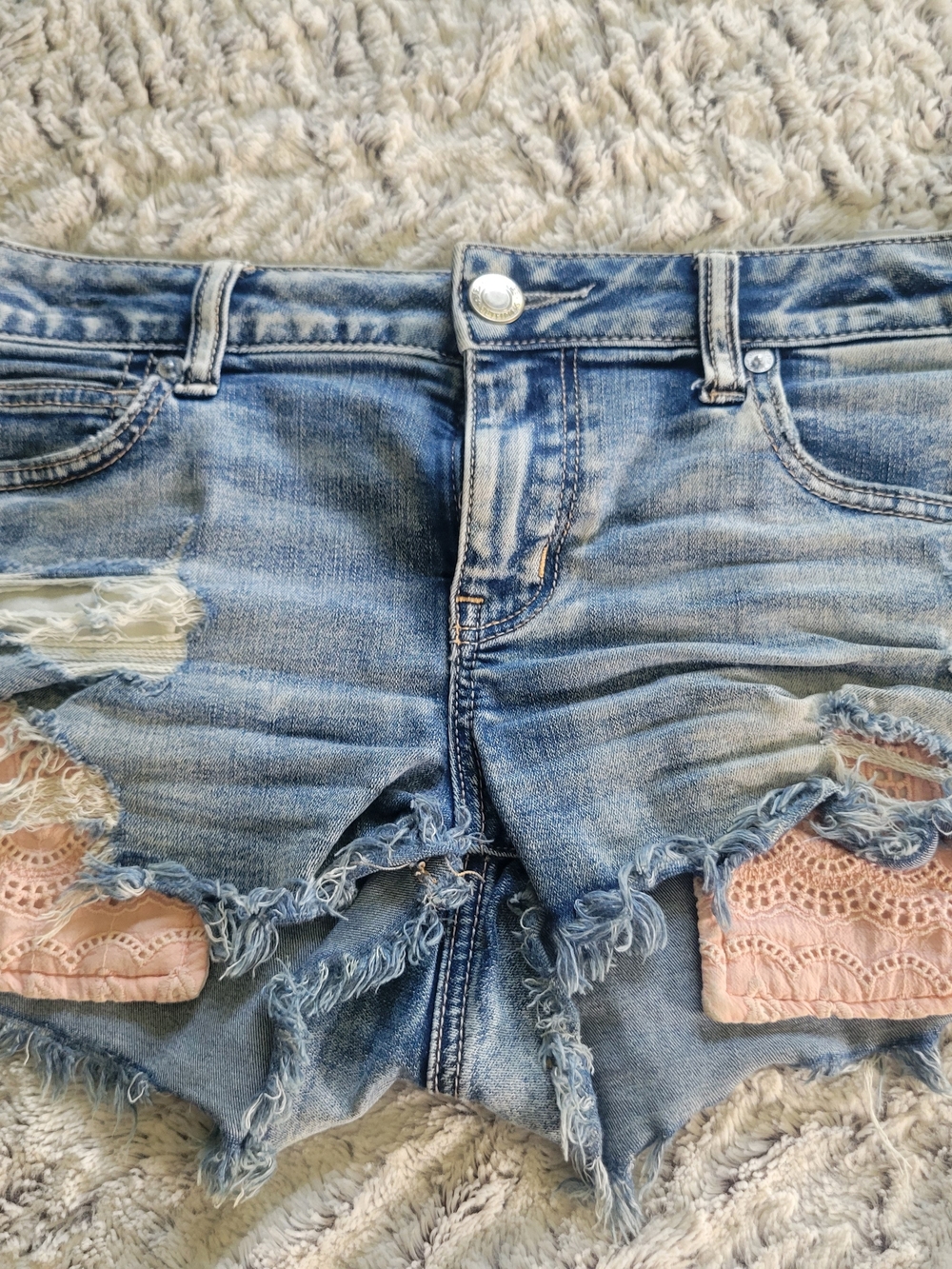 American Eagle Outfitters Distressed Lace-Inset Denim Shorts - Light Blue